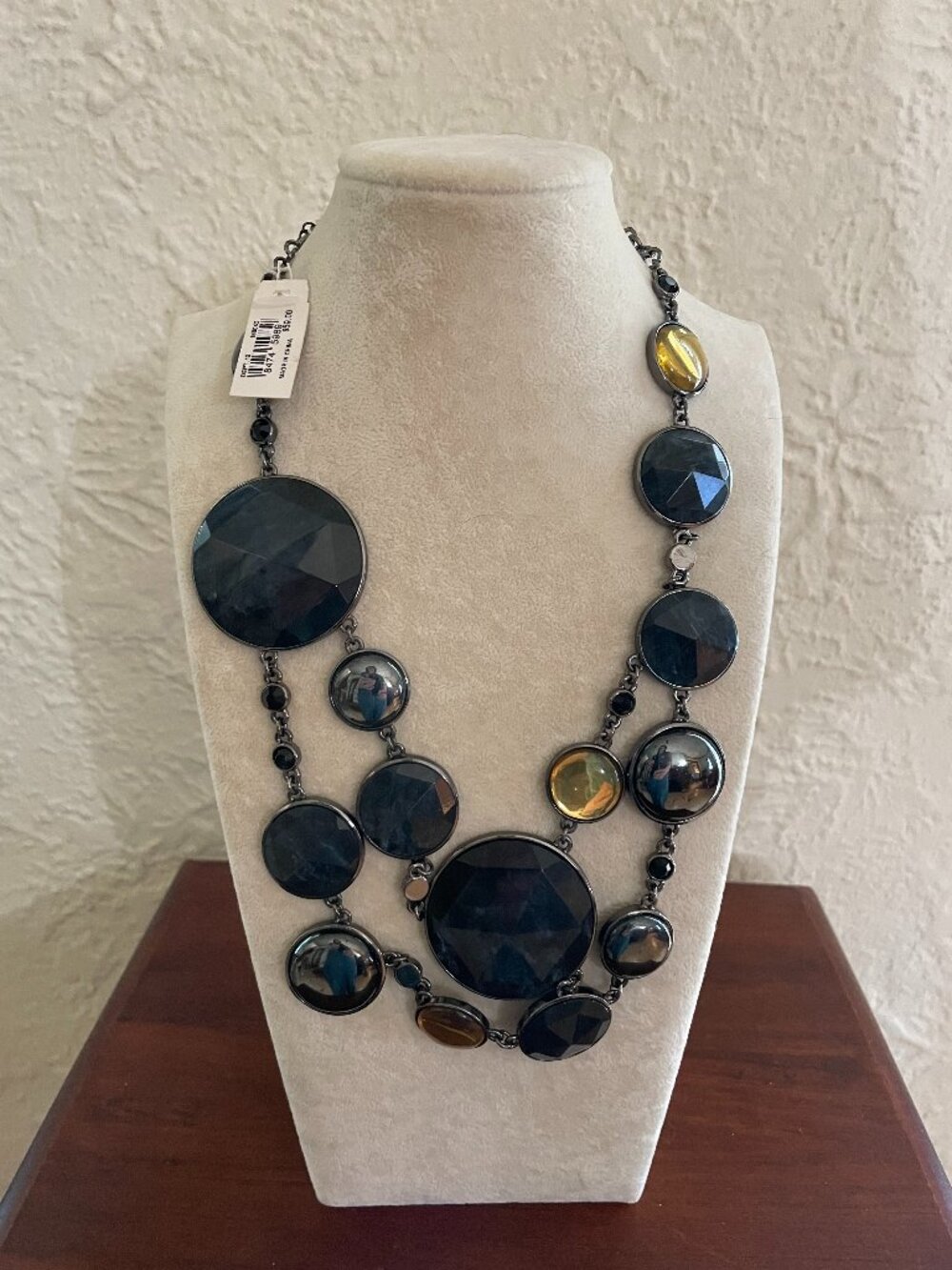 Ann Taylor NWT Statement Necklace Gray & Amber Stones Gunmetal Chain